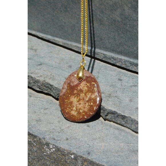 Gold Flecked Resin on Flat Brown Stone Necklace - Picture 6 of 10